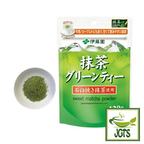 ITO EN Matcha Green Tea Sweet Matcha Powder (120 grams) Package and dish of matcha powder